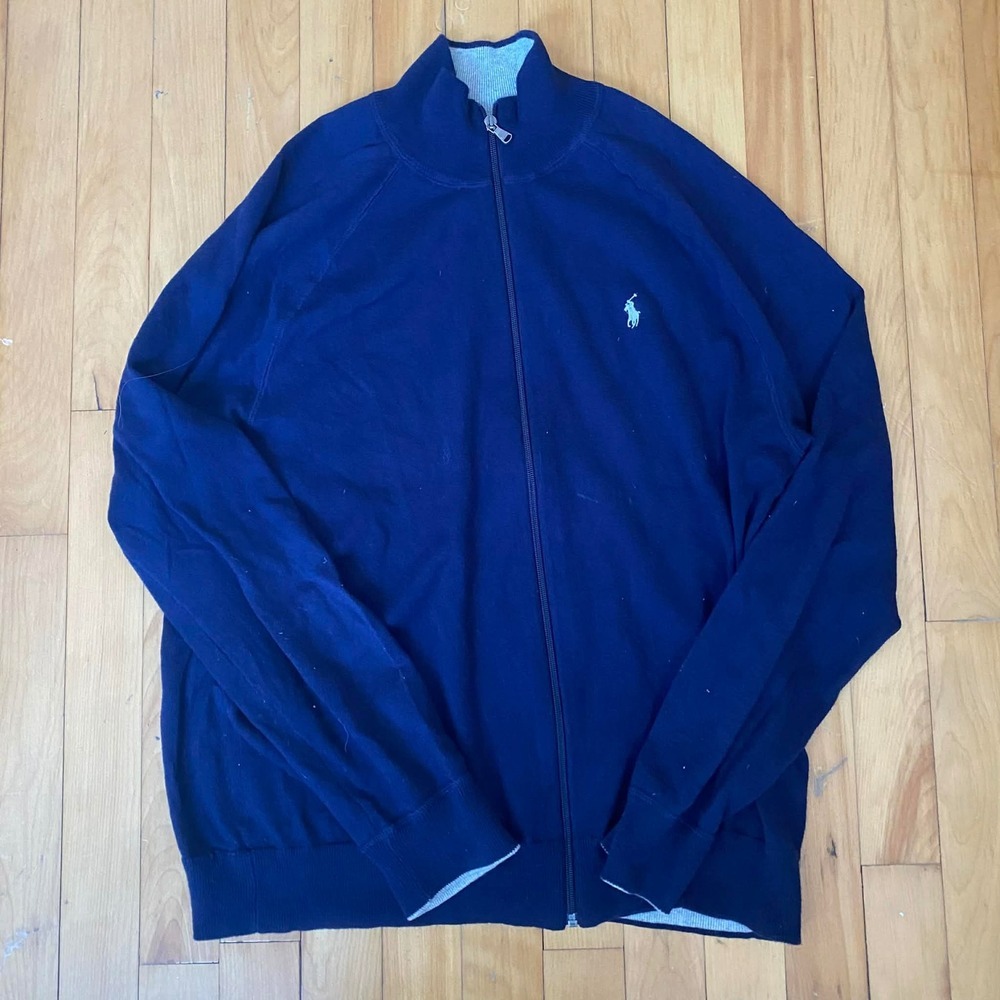 Polo Ralph Lauren Navy Blue Zip Up Track Jacket Polo Sherpa Logo Men XL Sweater